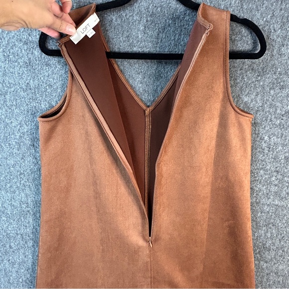 LOFT Dress Womens Petite 6P Brown Faux Suede Sleeveless Shift V-Neck Mini - Picture 13 of 14